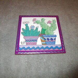 Vintage TU-OTI Art TILE Southwestern CACTUS Flower WALL HANGING Pottery DESERT